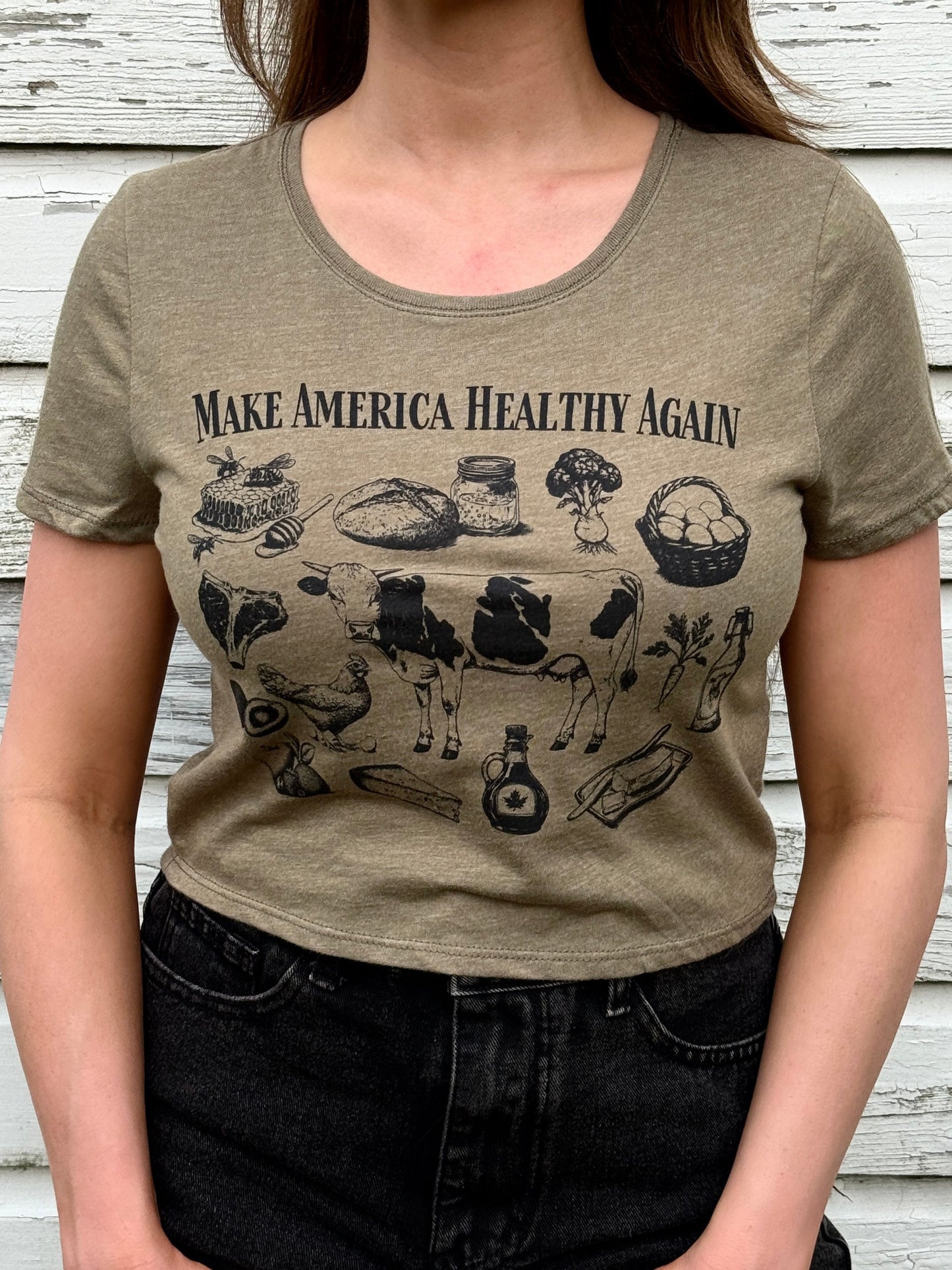 MAHA Collage Fitted Crop Top (Heather Olive)