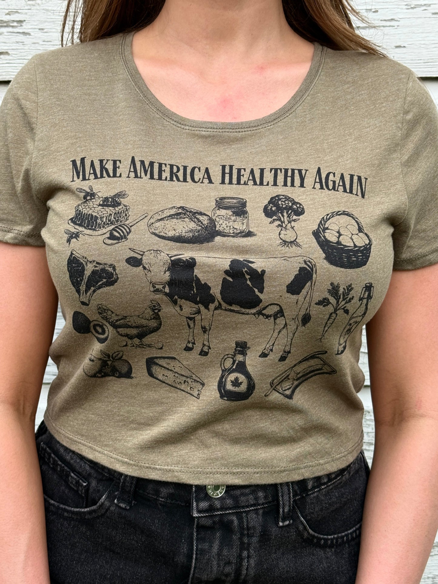 MAHA Collage Fitted Crop Top (Heather Olive)