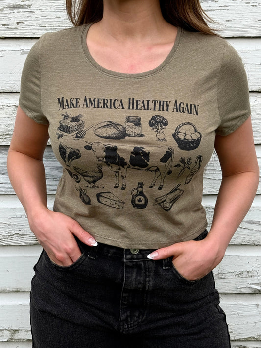 MAHA Collage Fitted Crop Top (Heather Olive)